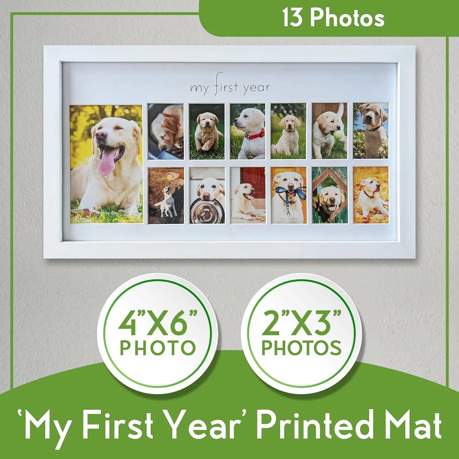 Green Pollywog My First Year Dog Picture Frame | 12-Month Photo Display | White Wood Keepsake | Fur Baby Milestone Gift