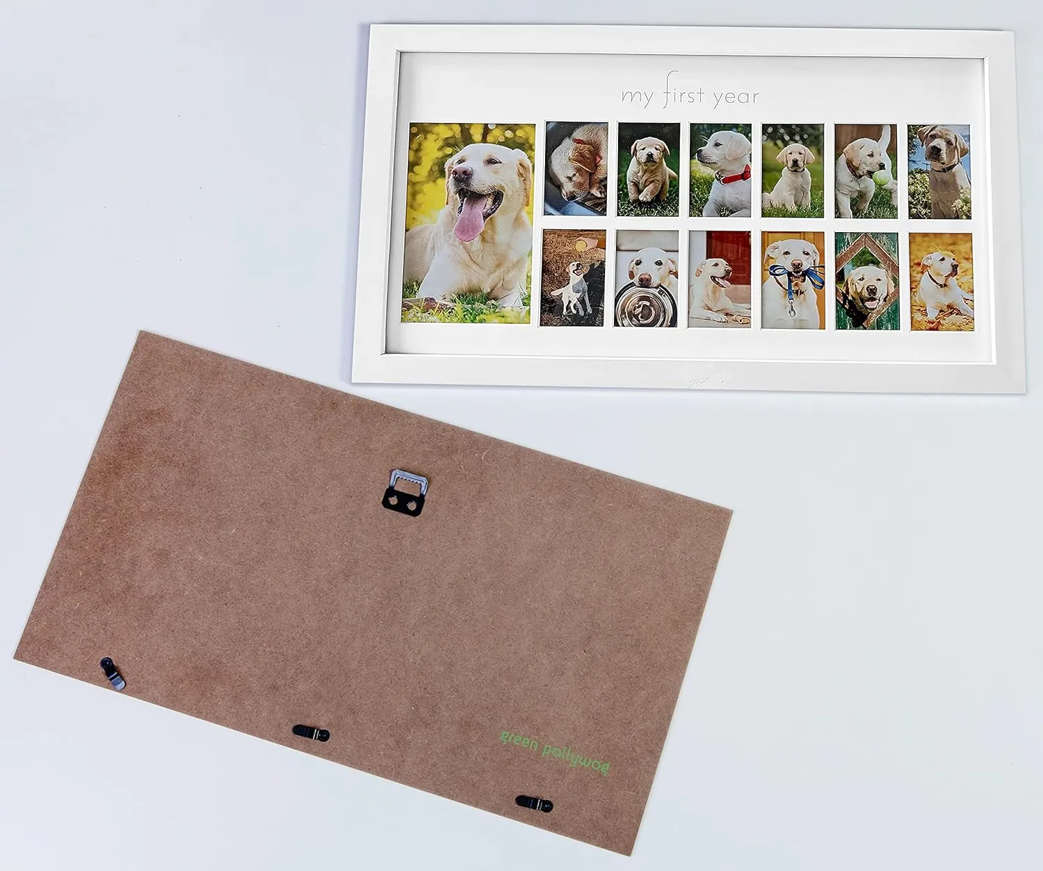 Green Pollywog My First Year Dog Picture Frame | 12-Month Photo Display | White Wood Keepsake | Fur Baby Milestone Gift