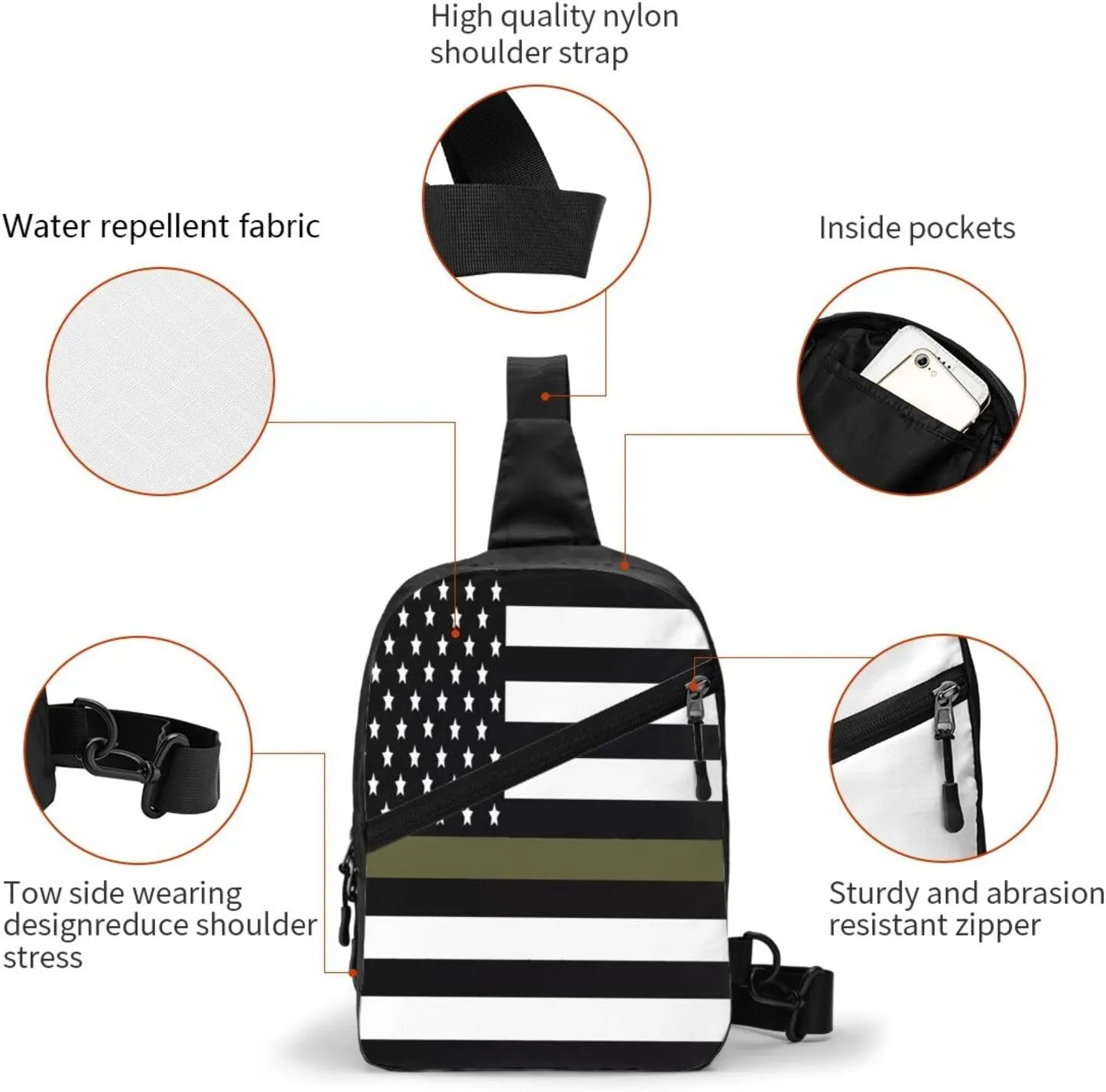 Green Thin Line American Flag Portable Sling Bags Packable Crossbody Bag Foldable Sport Daypack Reusable Shoulder Backpack Diagonally Chest Bag for Workout Travel