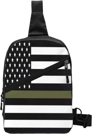 Green Thin Line American Flag Portable Sling Bags Packable Crossbody Bag Foldable Sport Daypack Reusable Shoulder Backpack Diagonally Chest Bag for Workout Travel