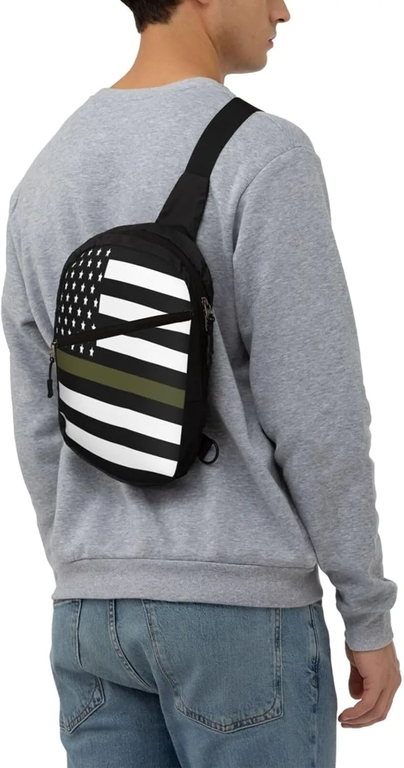Green Thin Line American Flag Portable Sling Bags Packable Crossbody Bag Foldable Sport Daypack Reusable Shoulder Backpack Diagonally Chest Bag for Workout Travel