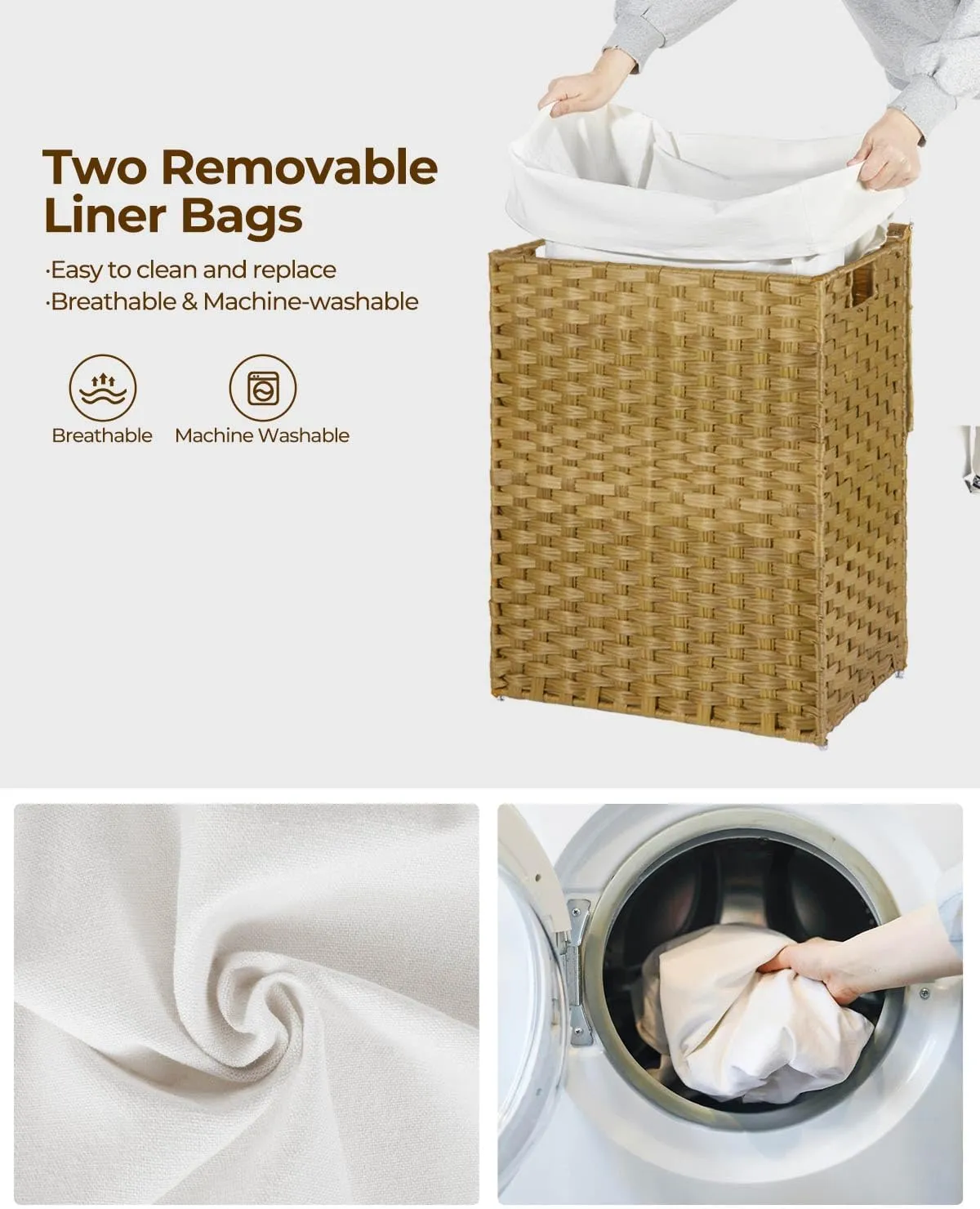 Greenstell Laundry Hamper with Lid, 125L Laundry Basket with 2 Removable Liner Bags & 2 Mesh Bags, Handwoven Synthetic Rattan Clothes Hamper for Clothes, Toys in Bathroom, Bedroom, Foldable, Natural