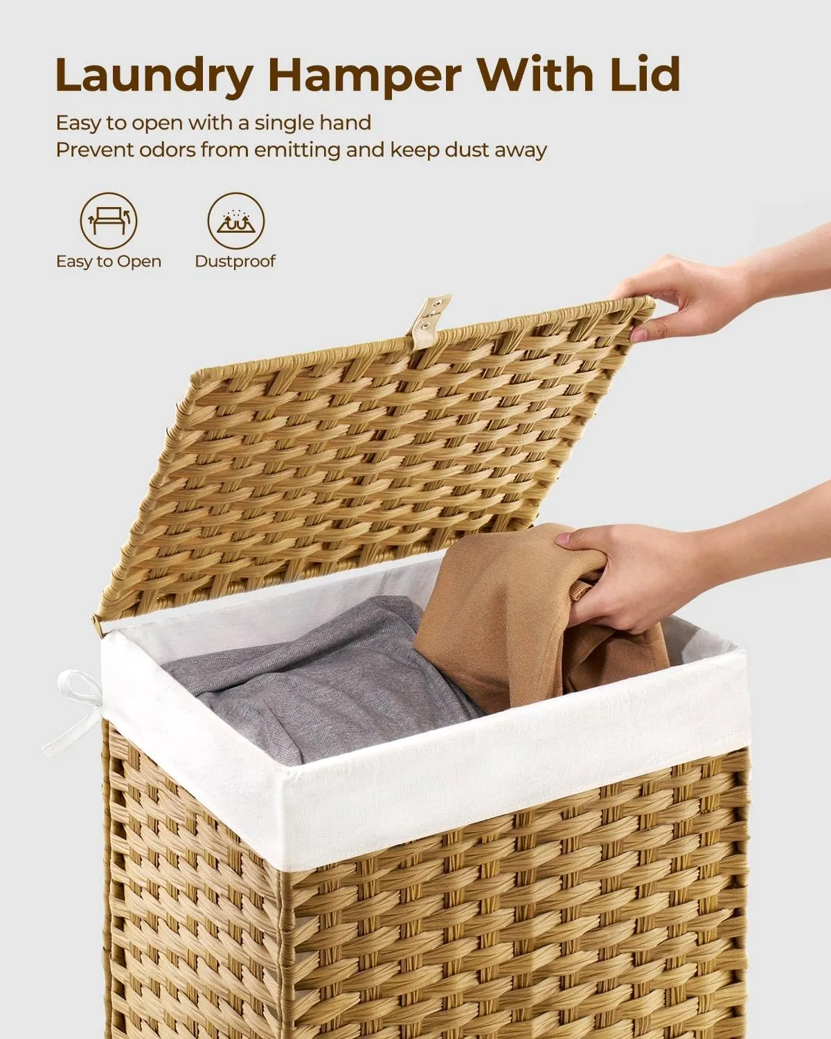 Greenstell Laundry Hamper with Lid, 125L Laundry Basket with 2 Removable Liner Bags & 2 Mesh Bags, Handwoven Synthetic Rattan Clothes Hamper for Clothes, Toys in Bathroom, Bedroom, Foldable, Natural