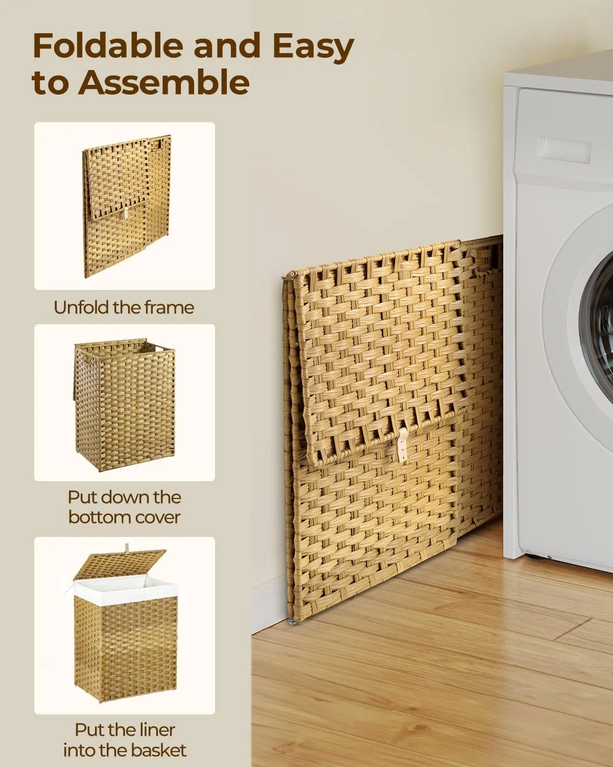 Greenstell Laundry Hamper with Lid, 125L Laundry Basket with 2 Removable Liner Bags & 2 Mesh Bags, Handwoven Synthetic Rattan Clothes Hamper for Clothes, Toys in Bathroom, Bedroom, Foldable, Natural