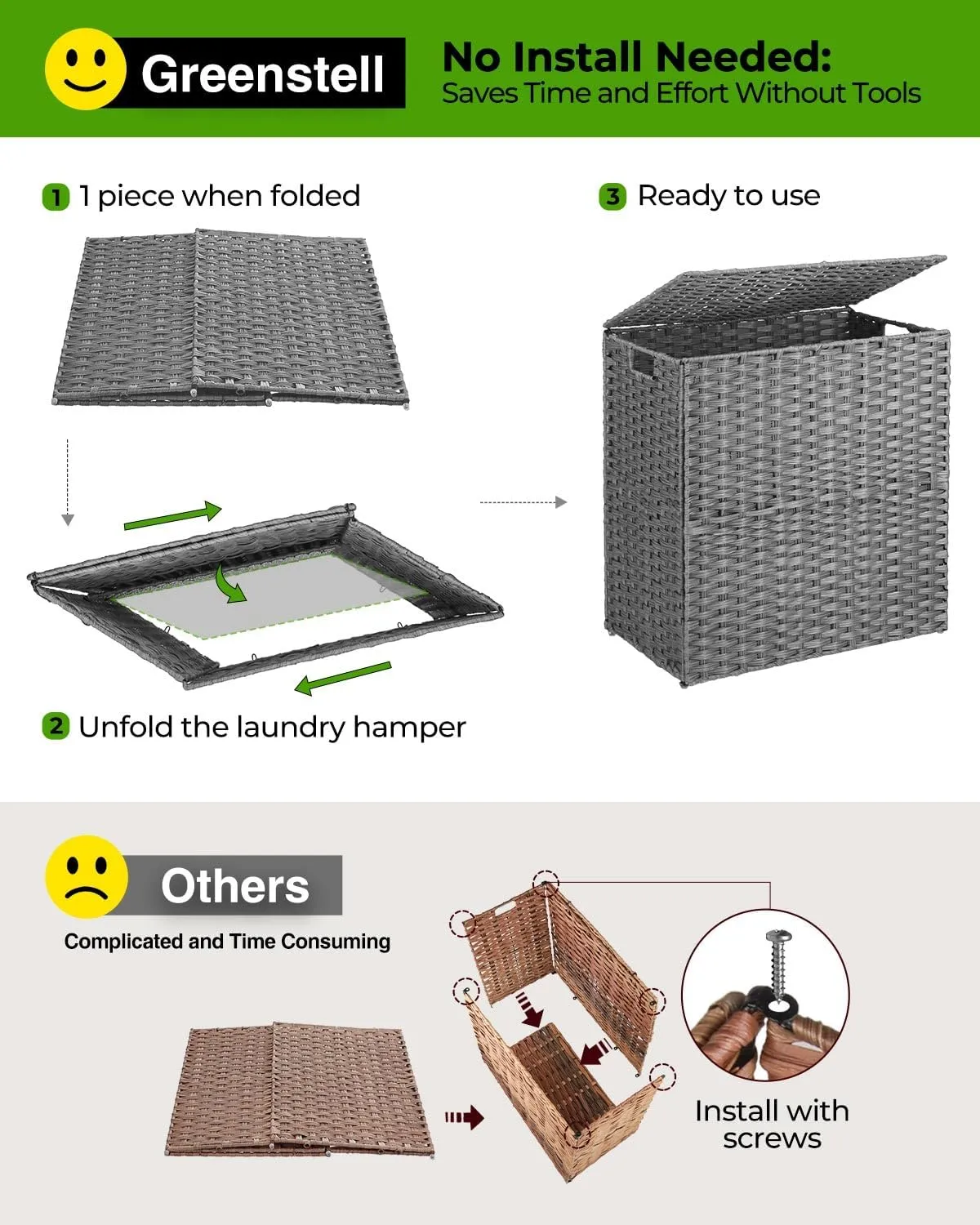 Greenstell Laundry Hamper with lid, No Install Needed, 130L Wicker Laundry Baskets Foldable 2 Removable Liner Bags, 2 Section Clothes Hamper Handwoven Rattan Laundry Basket with Handles, Gray