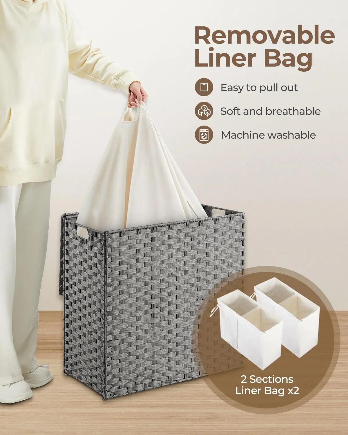 Greenstell Laundry Hamper with lid, No Install Needed, 130L Wicker Laundry Baskets Foldable 2 Removable Liner Bags, 2 Section Clothes Hamper Handwoven Rattan Laundry Basket with Handles, Gray
