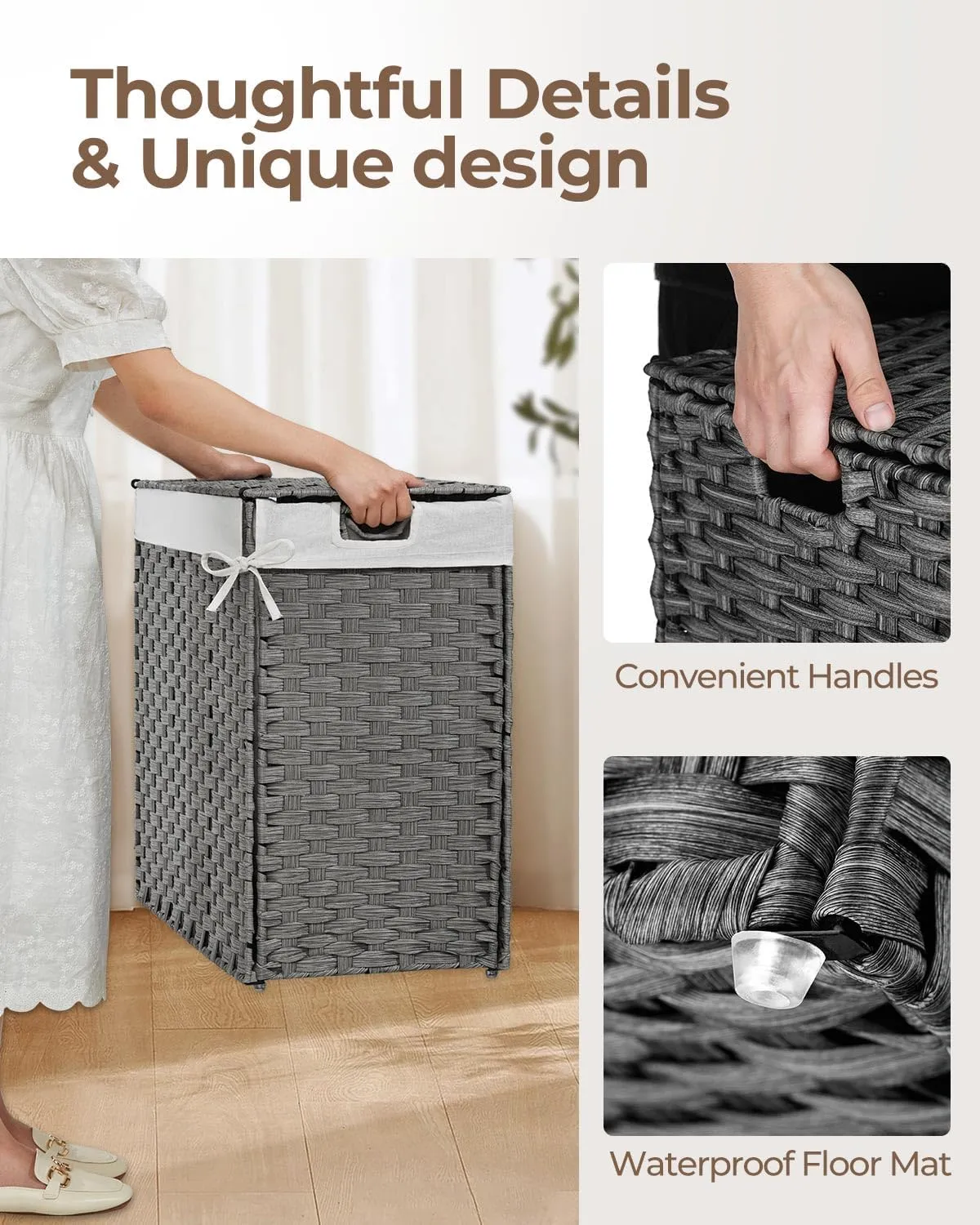 Greenstell Laundry Hamper with lid, No Install Needed, 130L Wicker Laundry Baskets Foldable 2 Removable Liner Bags, 2 Section Clothes Hamper Handwoven Rattan Laundry Basket with Handles, Gray