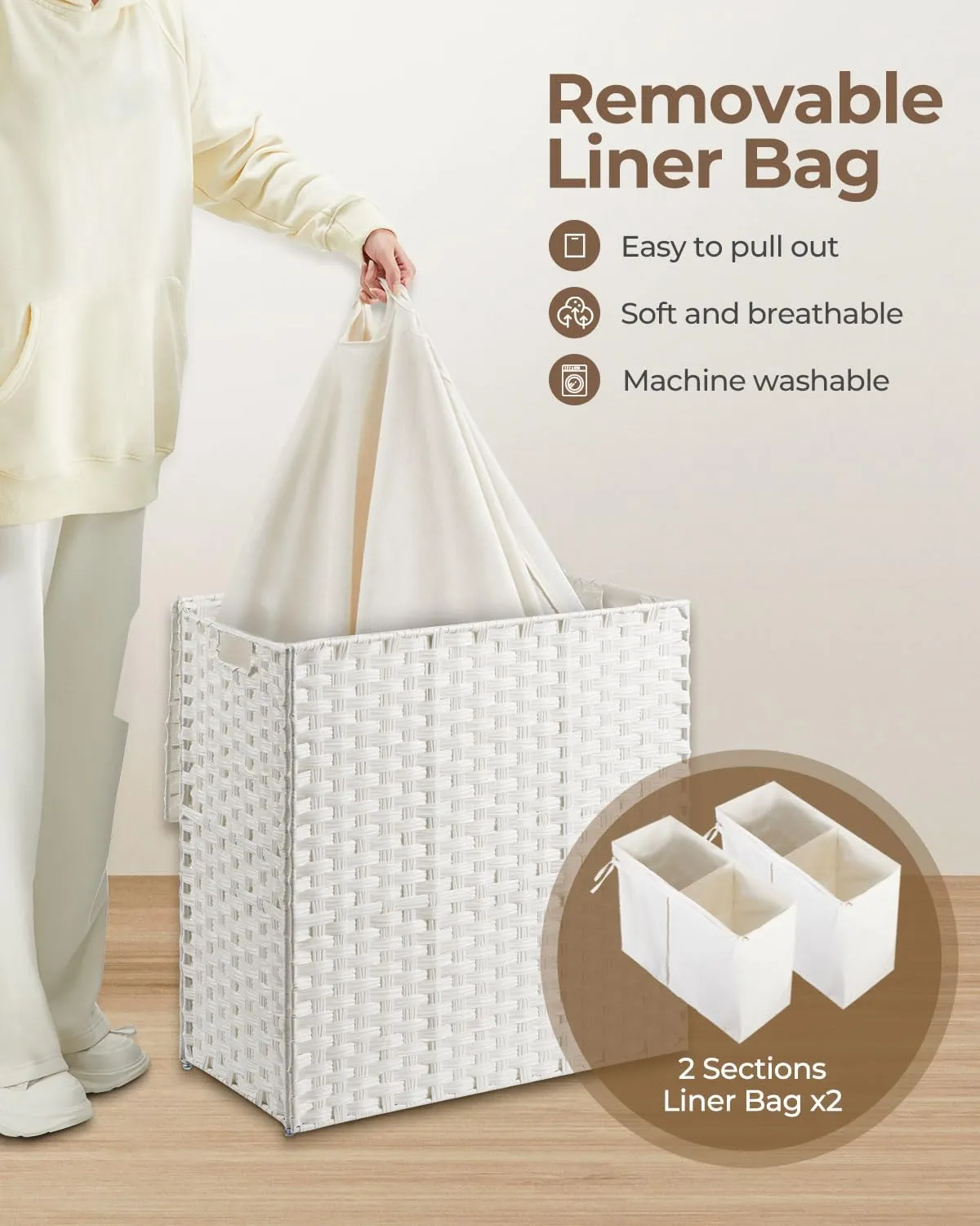 Greenstell Laundry Hamper with lid, No Install Needed, 130L Wicker Laundry Baskets Foldable 2 Removable Liner Bags, 2 Section Clothes Hamper Handwoven Rattan Laundry Basket with Handles, White
