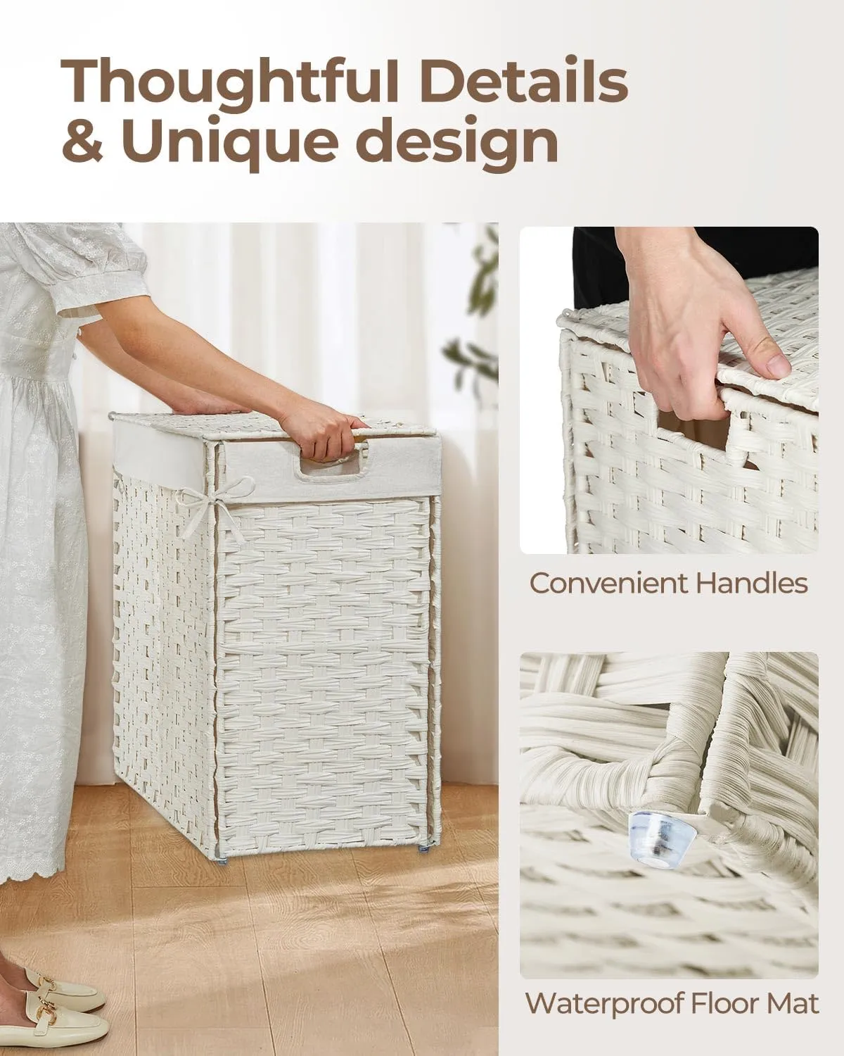 Greenstell Laundry Hamper with lid, No Install Needed, 130L Wicker Laundry Baskets Foldable 2 Removable Liner Bags, 2 Section Clothes Hamper Handwoven Rattan Laundry Basket with Handles, White
