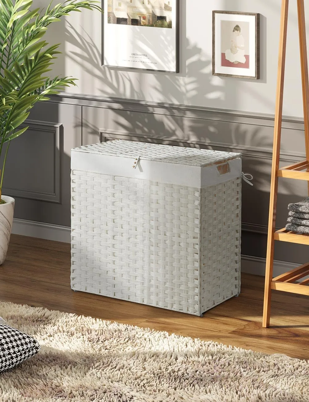 Greenstell Laundry Hamper with lid, No Install Needed, 130L Wicker Laundry Baskets Foldable 2 Removable Liner Bags, 2 Section Clothes Hamper Handwoven Rattan Laundry Basket with Handles, White