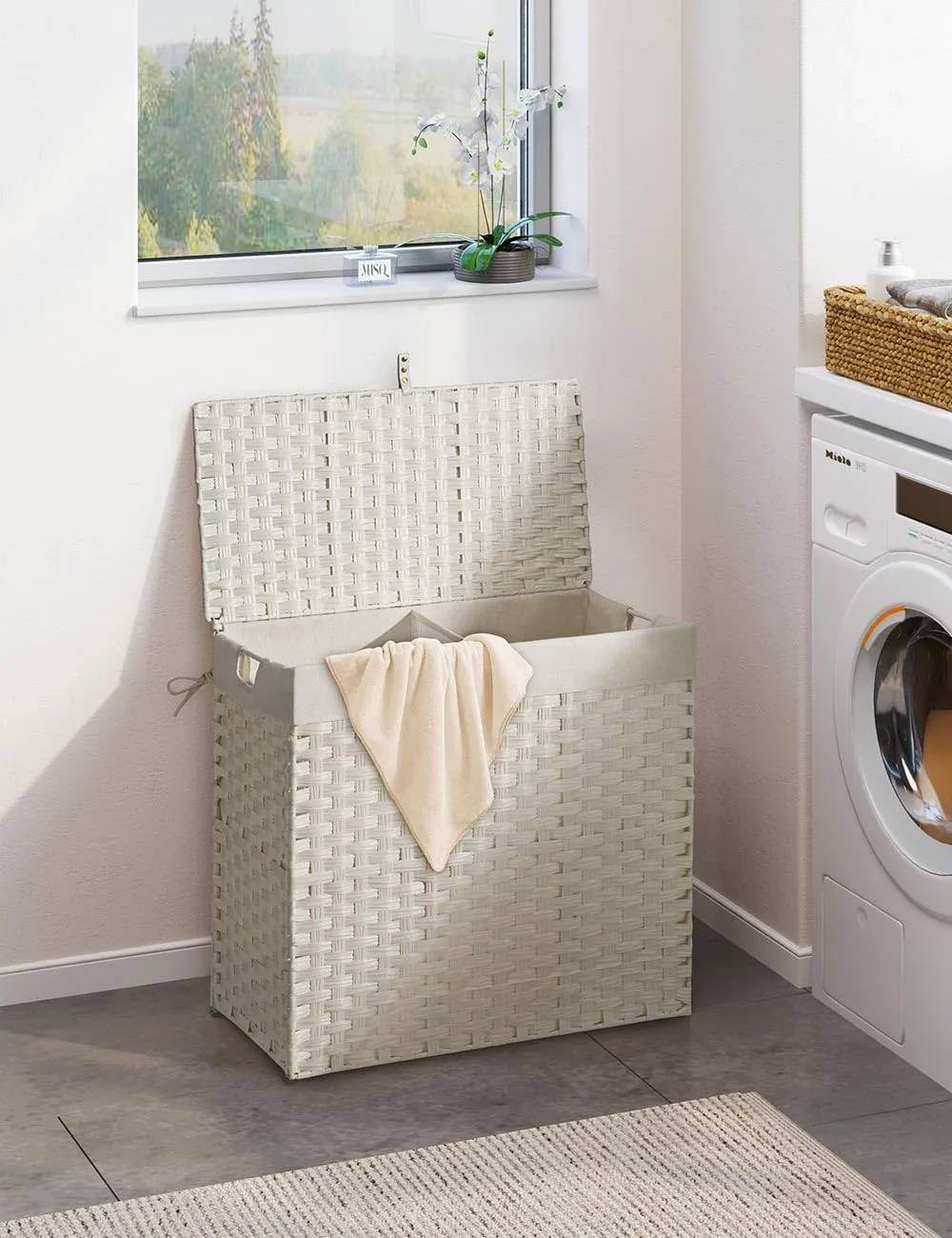 Greenstell Laundry Hamper with lid, No Install Needed, 130L Wicker Laundry Baskets Foldable 2 Removable Liner Bags, 2 Section Clothes Hamper Handwoven Rattan Laundry Basket with Handles, White