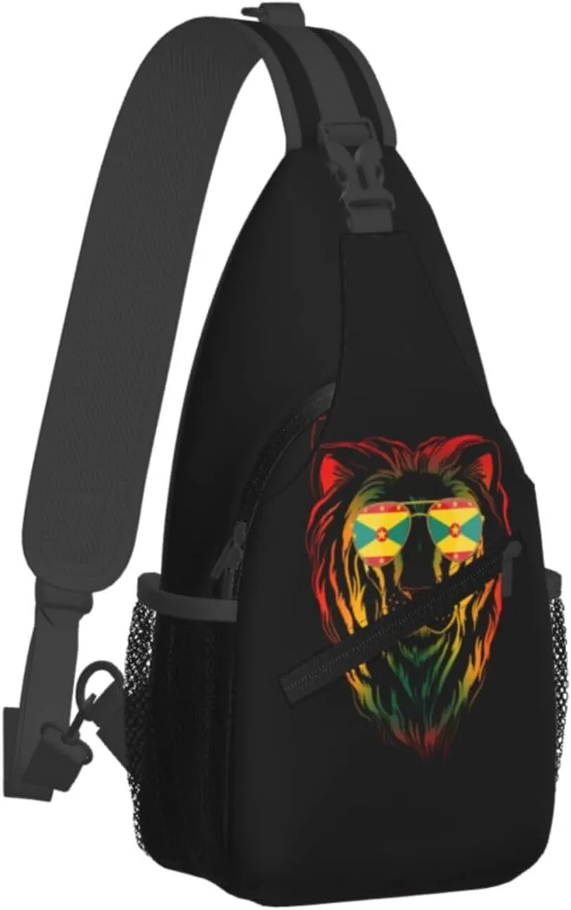 Grenada Flag Cool Lion Crossbody Bag Cross Chest Bag Adjustable Sling Backpack Sports Gym Shoulder Bags Travel Cycling Daypack Diagonally Casual Rucksack