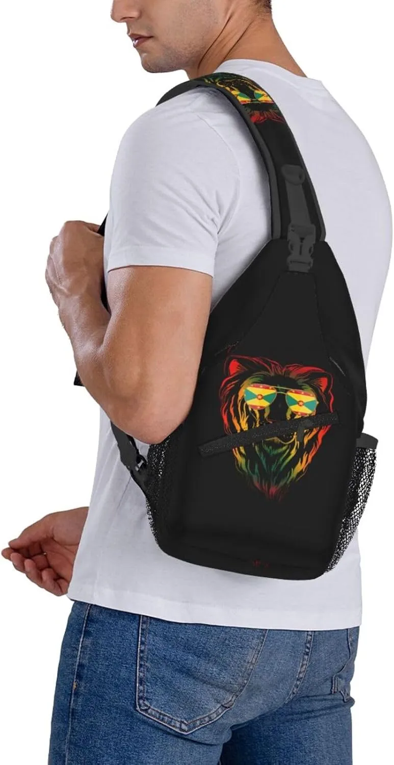 Grenada Flag Cool Lion Crossbody Bag Cross Chest Bag Adjustable Sling Backpack Sports Gym Shoulder Bags Travel Cycling Daypack Diagonally Casual Rucksack
