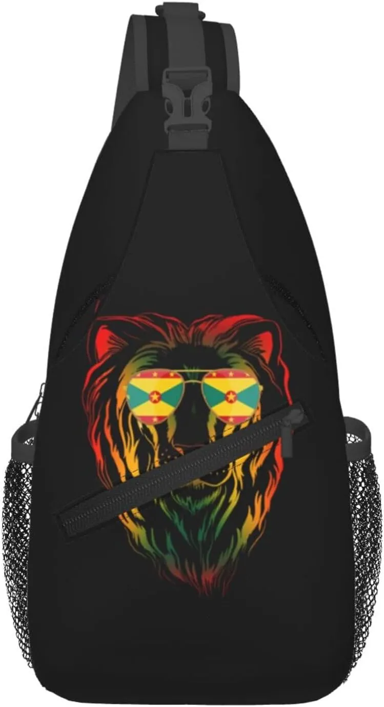 Grenada Flag Cool Lion Crossbody Bag Cross Chest Bag Adjustable Sling Backpack Sports Gym Shoulder Bags Travel Cycling Daypack Diagonally Casual Rucksack