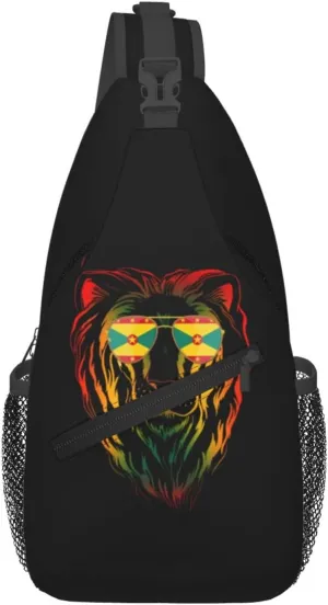 Grenada Flag Cool Lion Crossbody Bag Cross Chest Bag Adjustable Sling Backpack Sports Gym Shoulder Bags Travel Cycling Daypack Diagonally Casual Rucksack