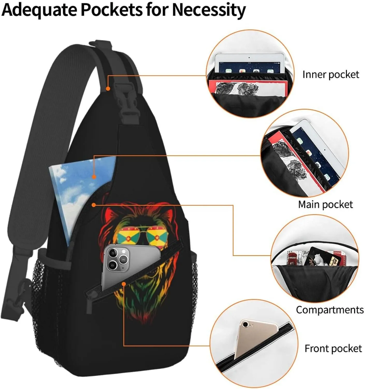 Grenada Flag Cool Lion Crossbody Bag Cross Chest Bag Adjustable Sling Backpack Sports Gym Shoulder Bags Travel Cycling Daypack Diagonally Casual Rucksack