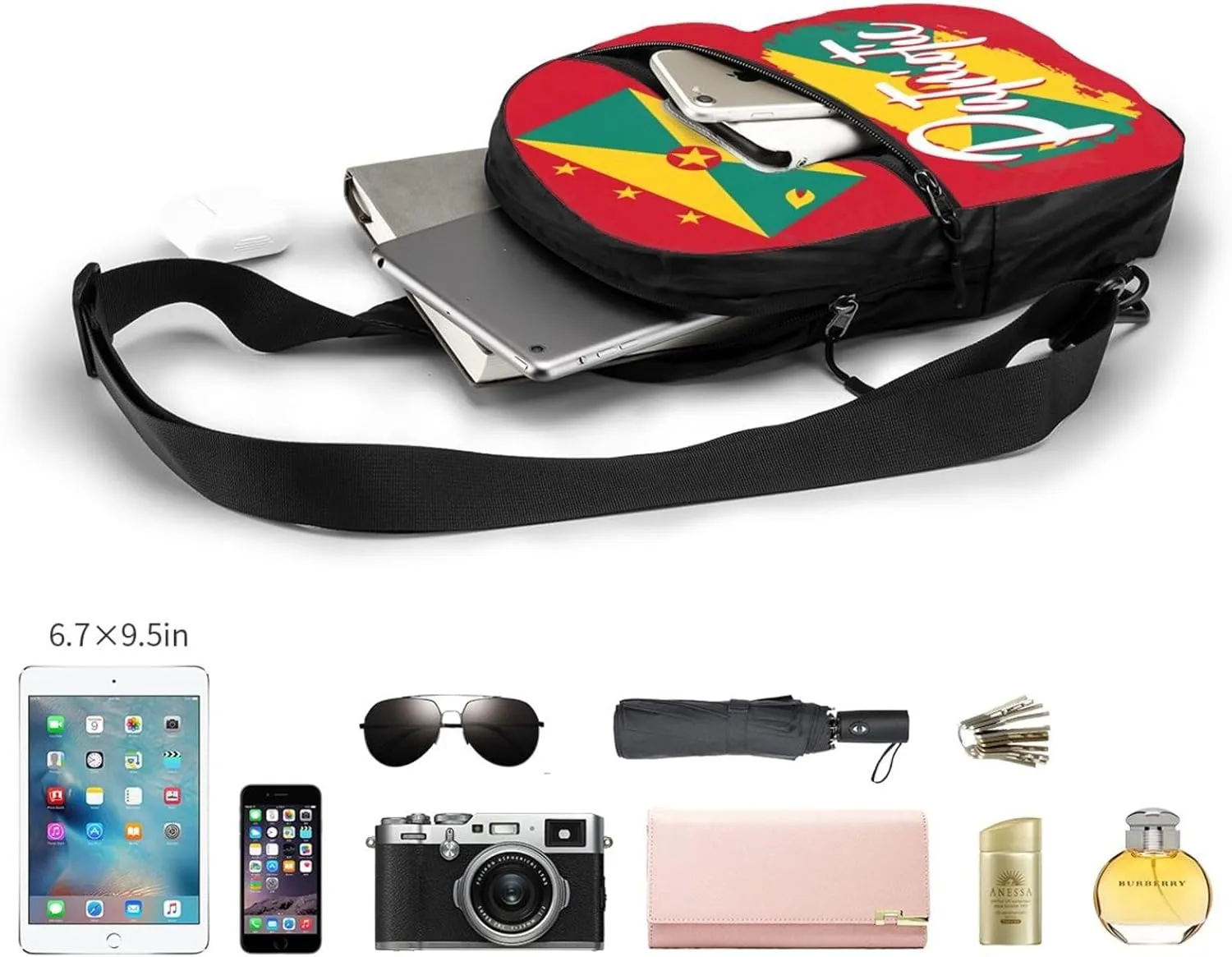 Grenada Flag Packable Crossbody Bag Portable Sling Bags Foldable Travel Daypack Reusable Sports Shoulder Backpack Diagonally Chest Bag for Workout