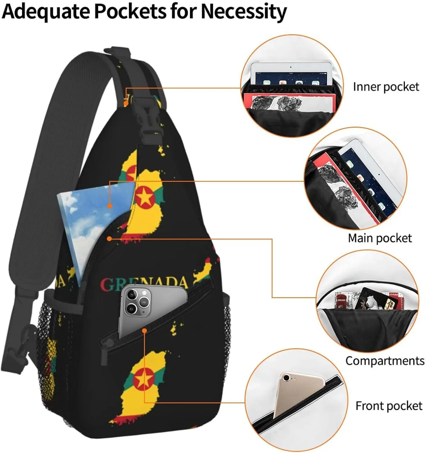 Grenada Map Flag Crossbody Bag Cross Chest Bag Adjustable Sling Backpack Sports Gym Shoulder Bags Travel Cycling Daypack Diagonally Casual Rucksack