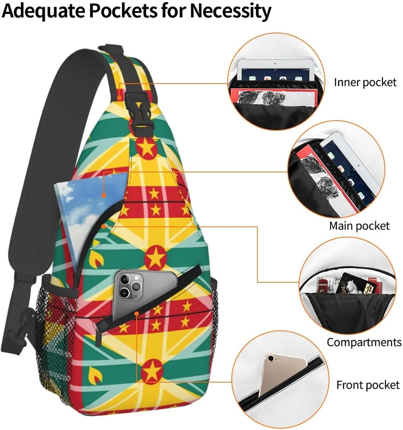 Grenada UK Flag Crossbody Bag Cross Chest Bag Adjustable Sling Backpack Sports Gym Shoulder Bags Travel Cycling Daypack Diagonally Casual Rucksack
