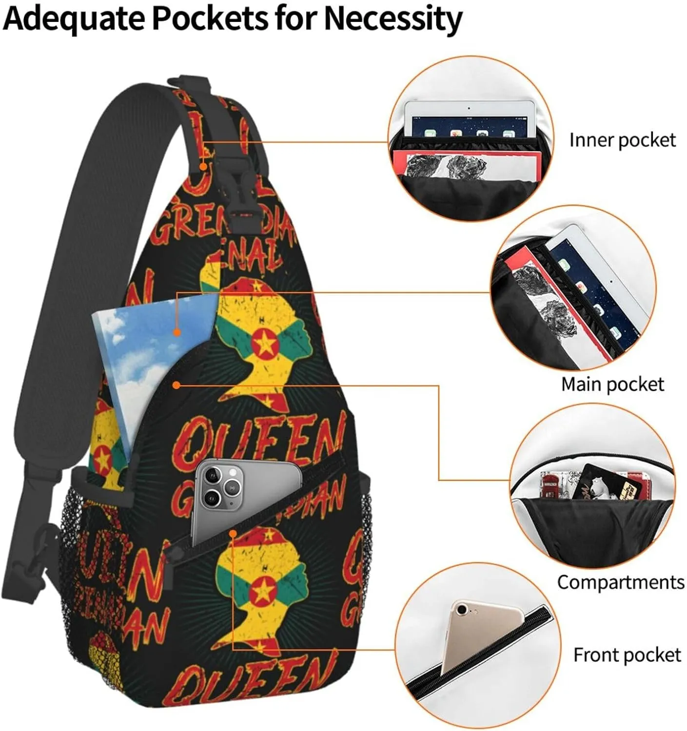 Grenadian Queen Grenada Culture Cultural Afro Pride Flag Crossbody Bag Cross Chest Bag Adjustable Sling Backpack Sports Gym Shoulder Bags Travel Cycling Daypack Diagonally Casual Rucksack