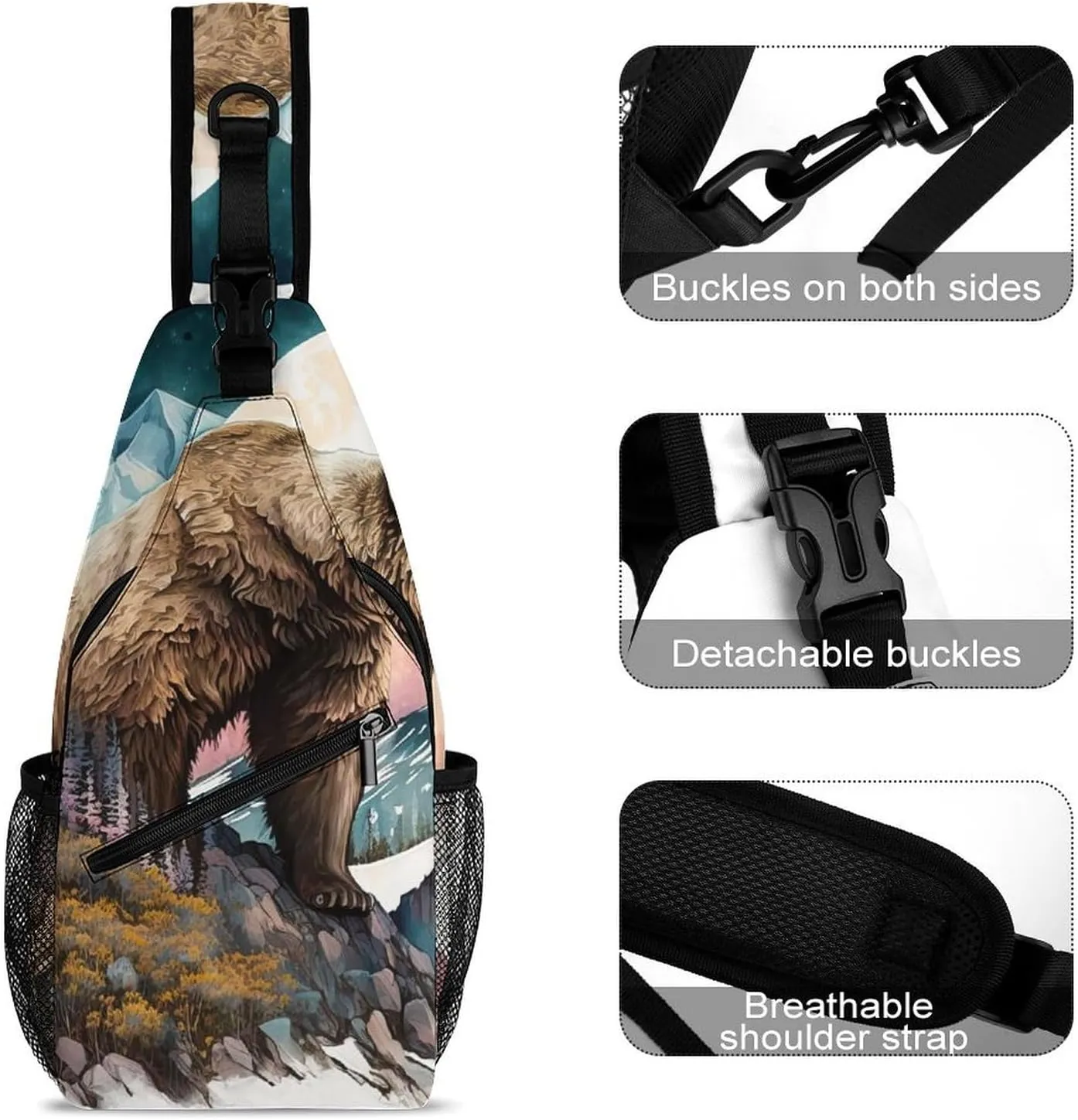 Grizzly-bear Sling Bag Crossbody Backpack for Men Women Chest Bag For Travel Hiking Cycling Camping, 38x20cm, Style-4