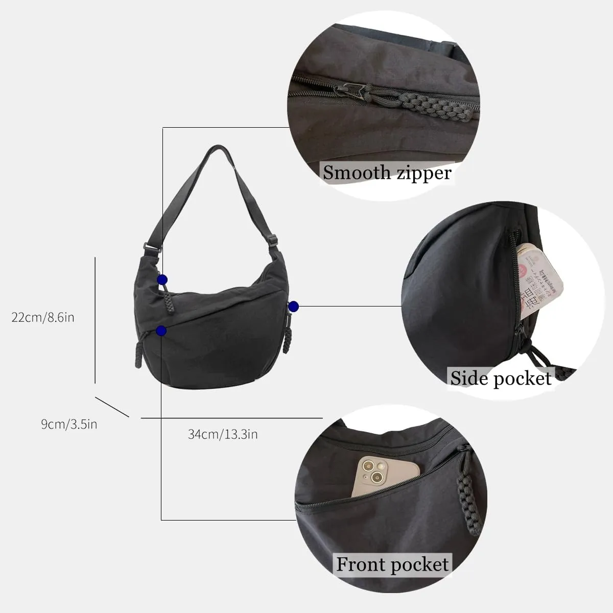 GRPKSSIB Nylon Crescent Bag Hobo Crossbody Bags Casual Sling Bag Slouchy Shoulder Bags Travel Messenger Bag for Women Men