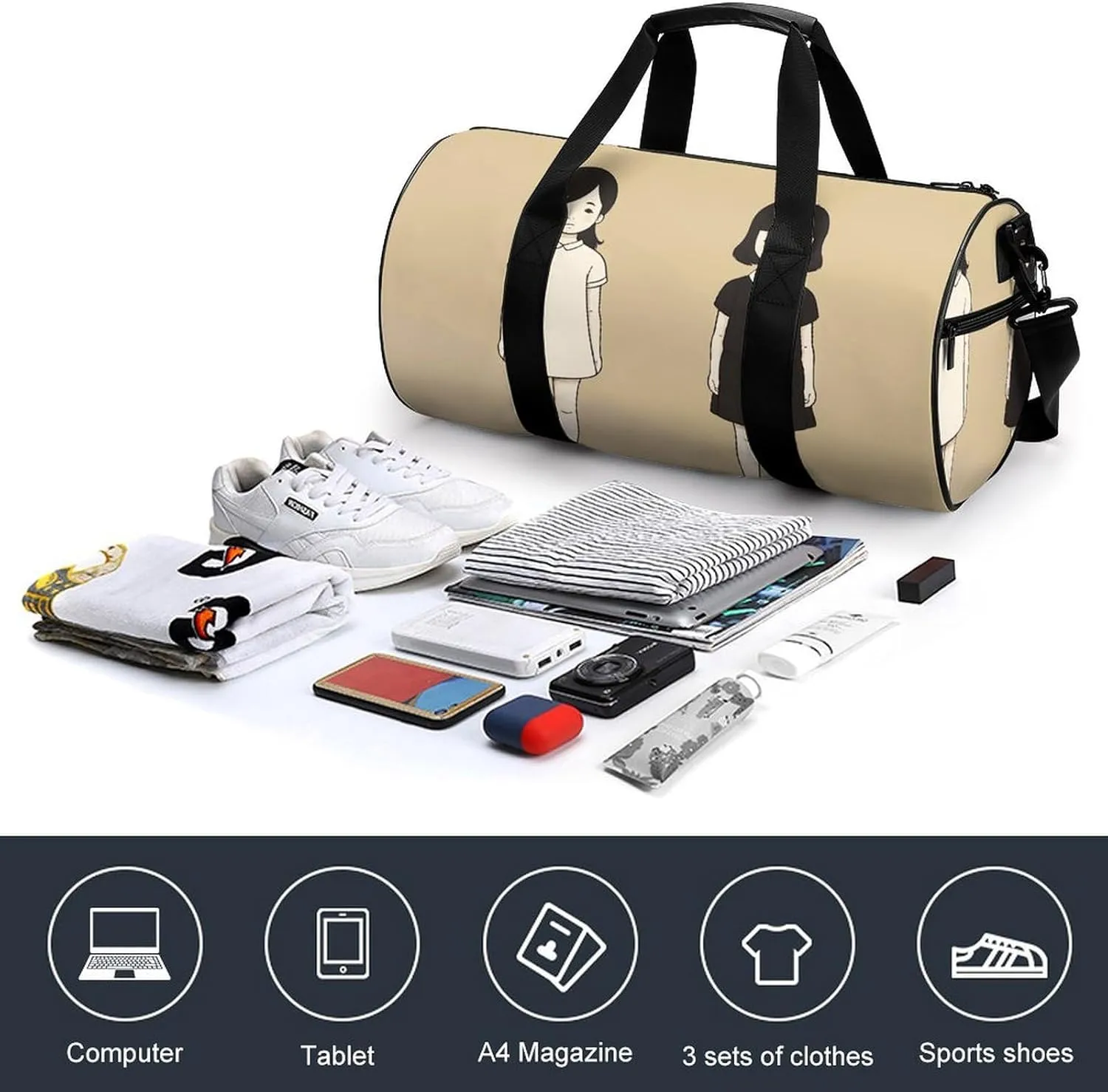 Gym Bag for Men Women Simple Girl Drawing Duffel Bag Overnight Bag with Compartment Gym Sackpac