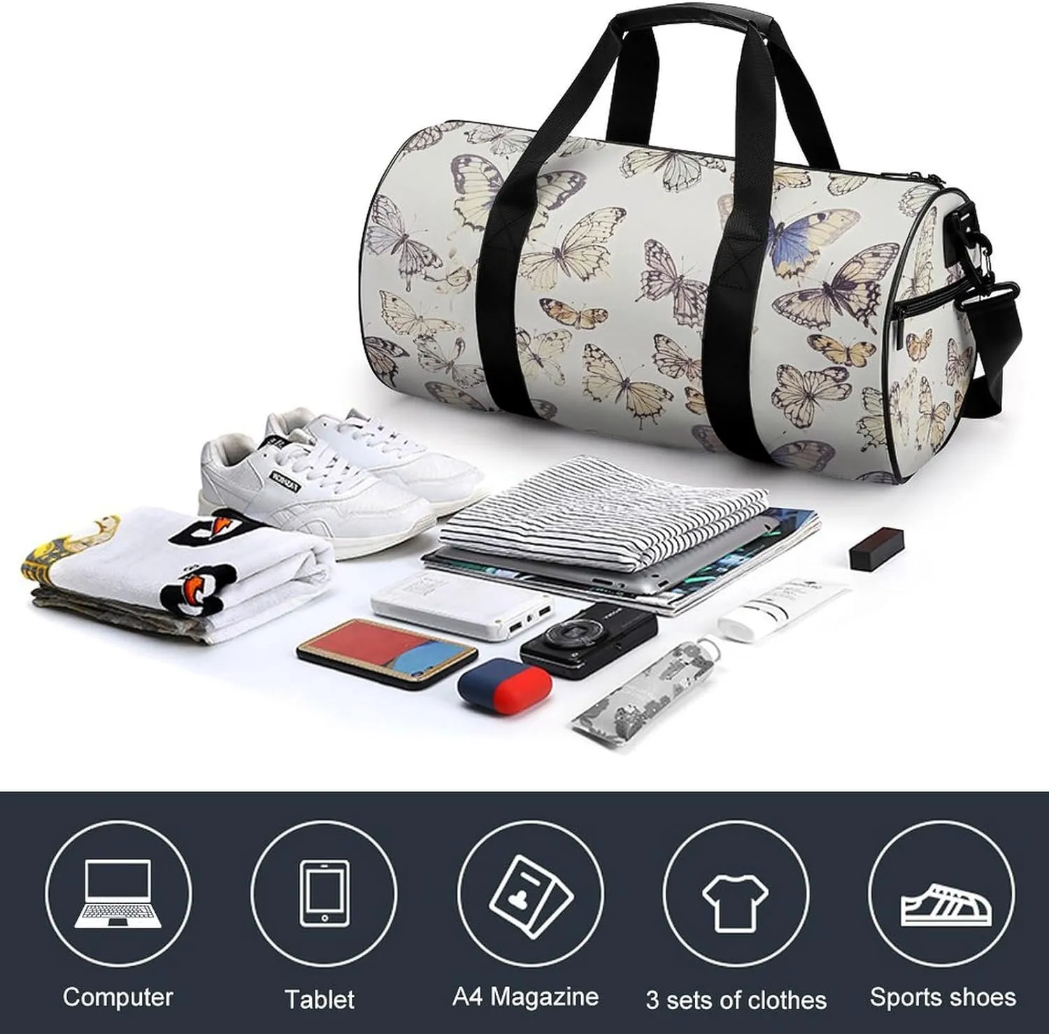 Gym Bags for Men Women Colorful Butterfly Pattern Duffle Bag Travel Overnight Bag with Shoe Compartment Tote Bags