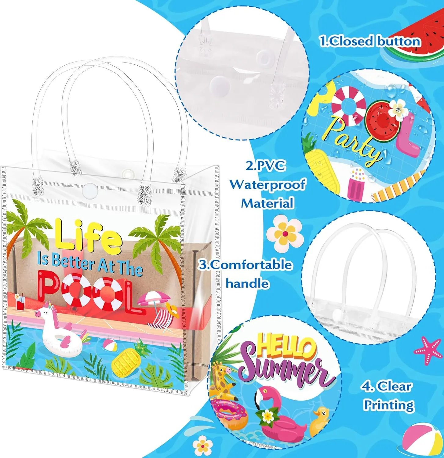 H1vojoxo Summer Themed Gift Bags - 24PCS Pool Beach Party Favor Clear Bags with Handles 7.87x3.2x7.87 Inch Summer Clear PVC Gift Bag 4 Styles Waterproof and Reusable Pool Goodie Treat Party Tote Bag