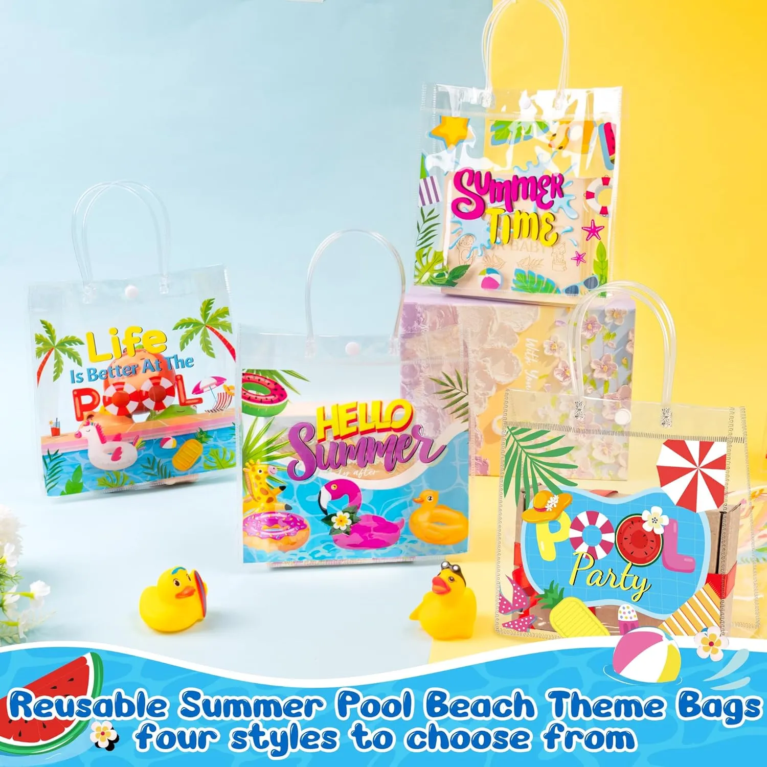 H1vojoxo Summer Themed Gift Bags - 24PCS Pool Beach Party Favor Clear Bags with Handles 7.87x3.2x7.87 Inch Summer Clear PVC Gift Bag 4 Styles Waterproof and Reusable Pool Goodie Treat Party Tote Bag