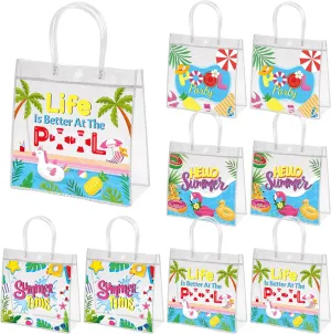 H1vojoxo Summer Themed Gift Bags - 24PCS Pool Beach Party Favor Clear Bags with Handles 7.87x3.2x7.87 Inch Summer Clear PVC Gift Bag 4 Styles Waterproof and Reusable Pool Goodie Treat Party Tote Bag