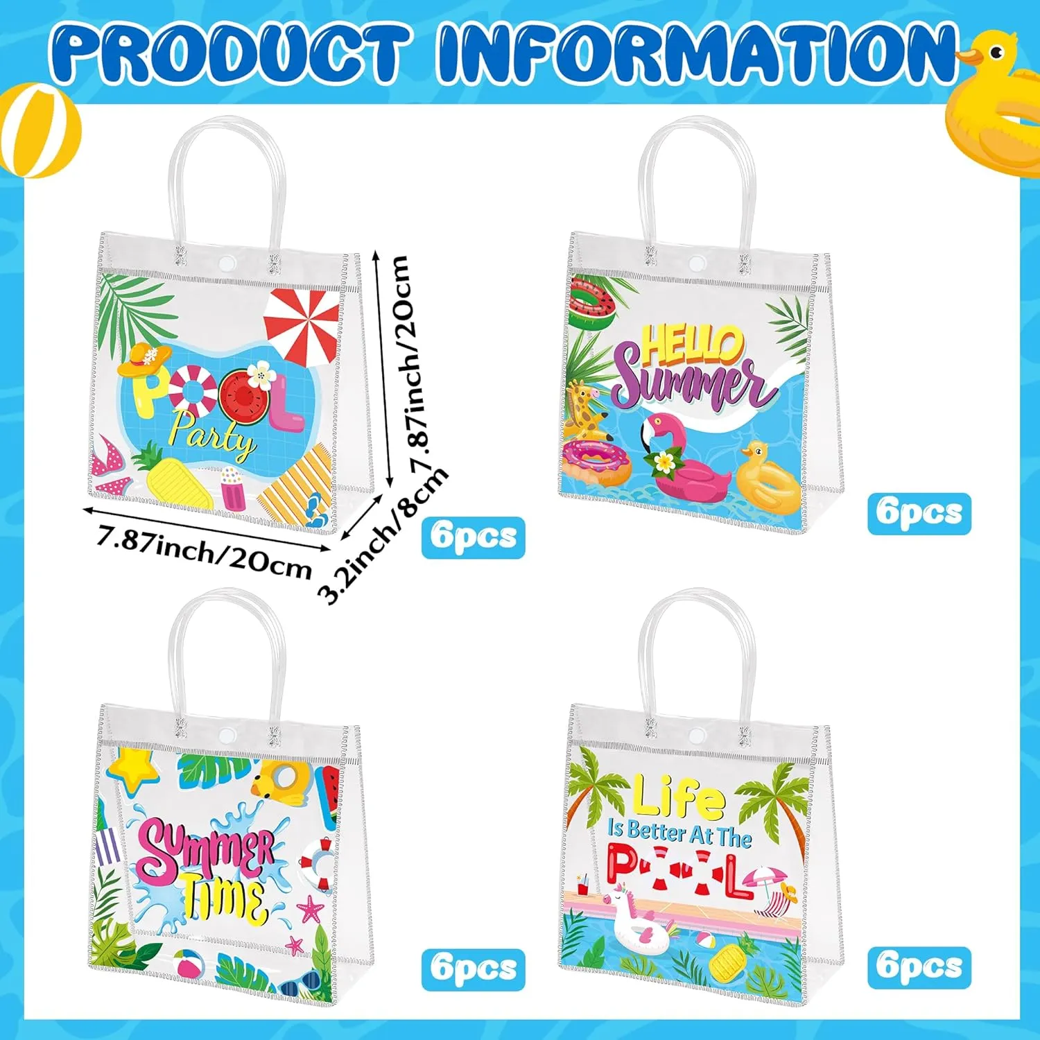 H1vojoxo Summer Themed Gift Bags - 24PCS Pool Beach Party Favor Clear Bags with Handles 7.87x3.2x7.87 Inch Summer Clear PVC Gift Bag 4 Styles Waterproof and Reusable Pool Goodie Treat Party Tote Bag