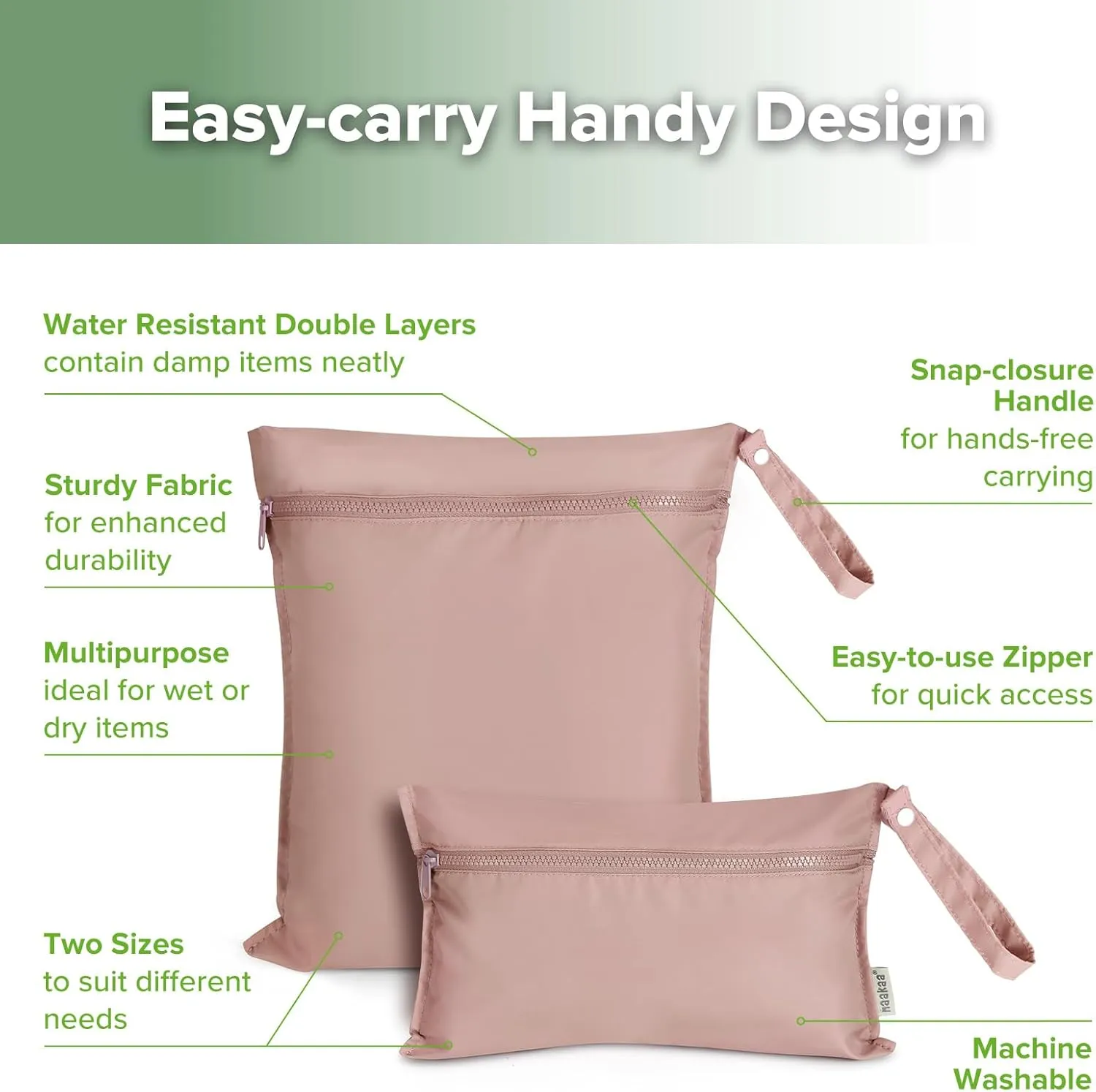 haakaa Waterproof Wet Bags for Baby, Wet Dry Bags for Diaper Bag, Travel, Swimsuit, Beach, Pool, Pump Parts, Stroller, Daycare,Yoga, Blush, 2 Pack