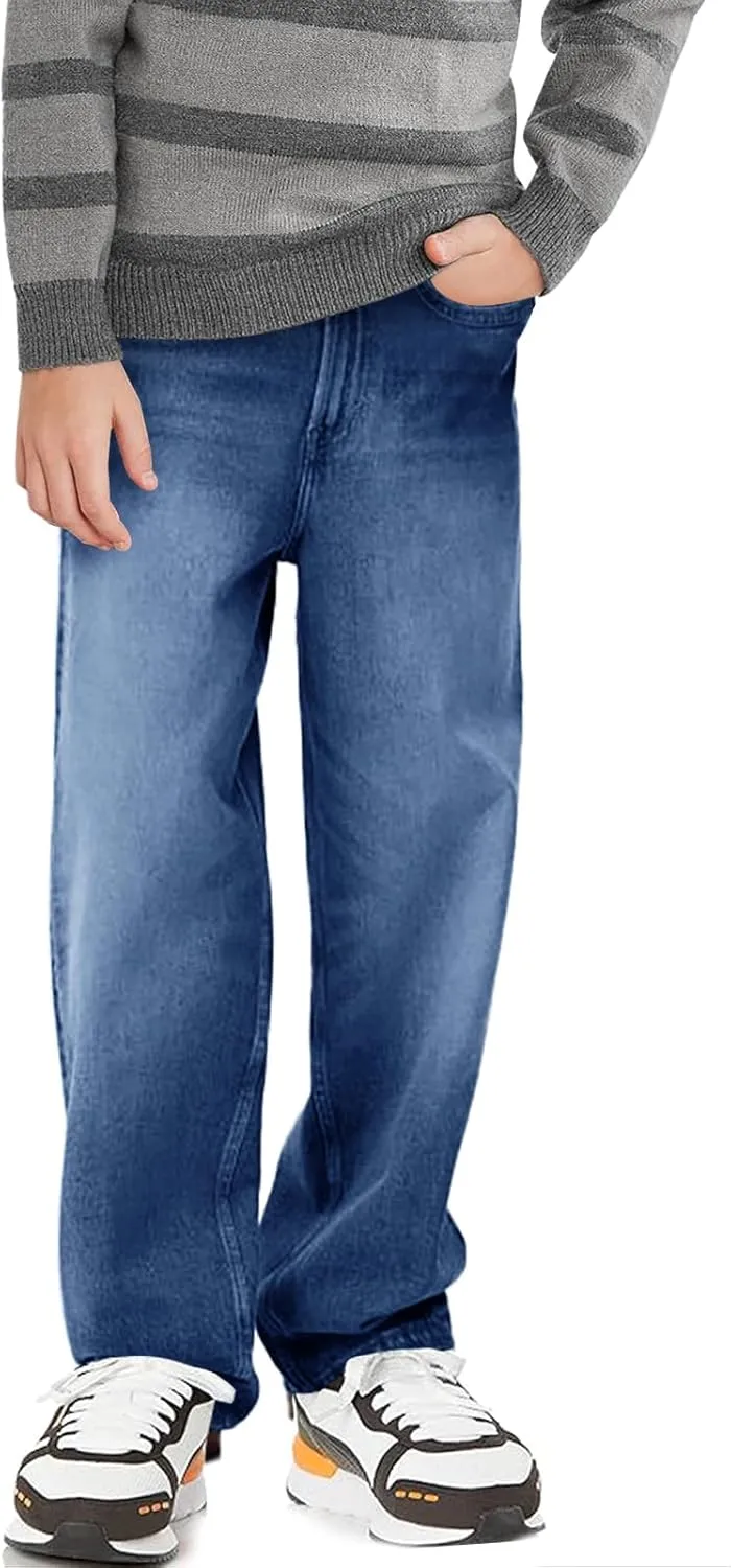 Haloumoning Boys Casual Baggy Denim Pants Kids Elastic Waist Wide Leg Jeans with Pockets 5-14 Years