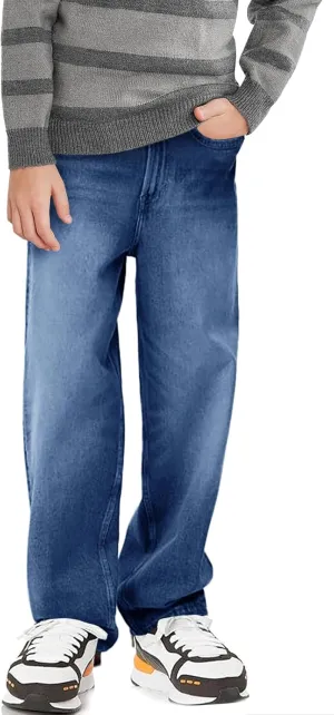 Haloumoning Boys Casual Baggy Denim Pants Kids Elastic Waist Wide Leg Jeans with Pockets 5-14 Years
