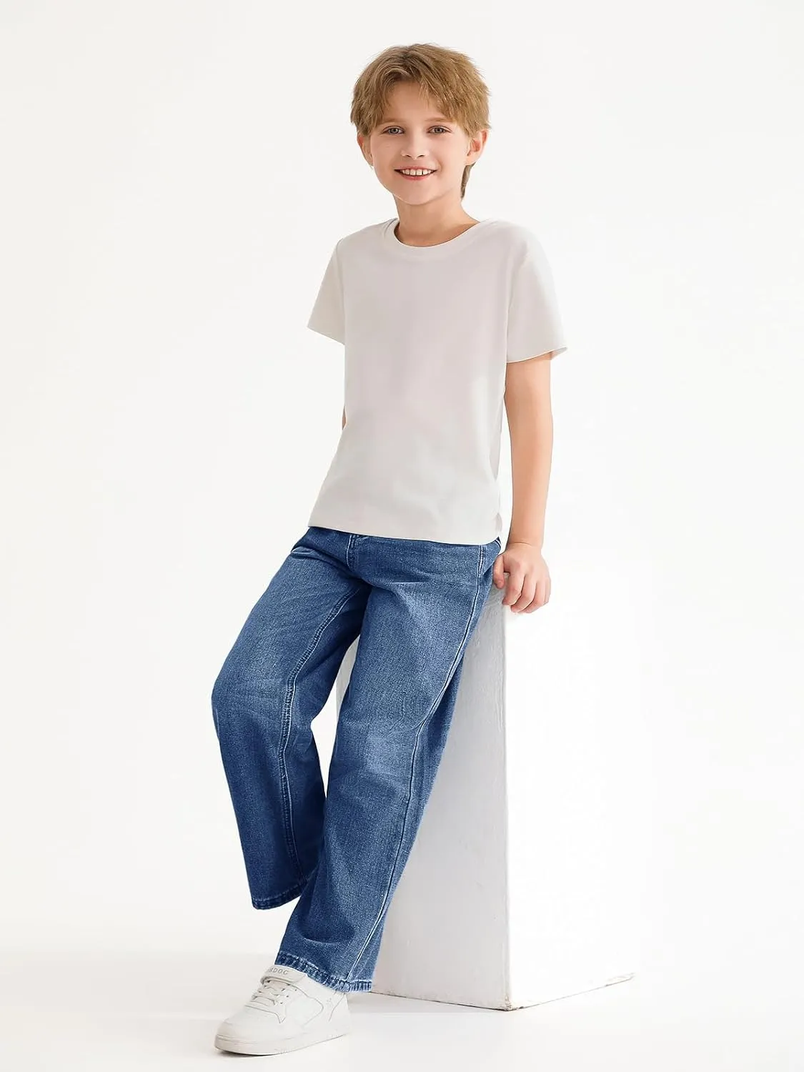Haloumoning Boys Casual Baggy Denim Pants Kids Elastic Waist Wide Leg Jeans with Pockets 5-14 Years