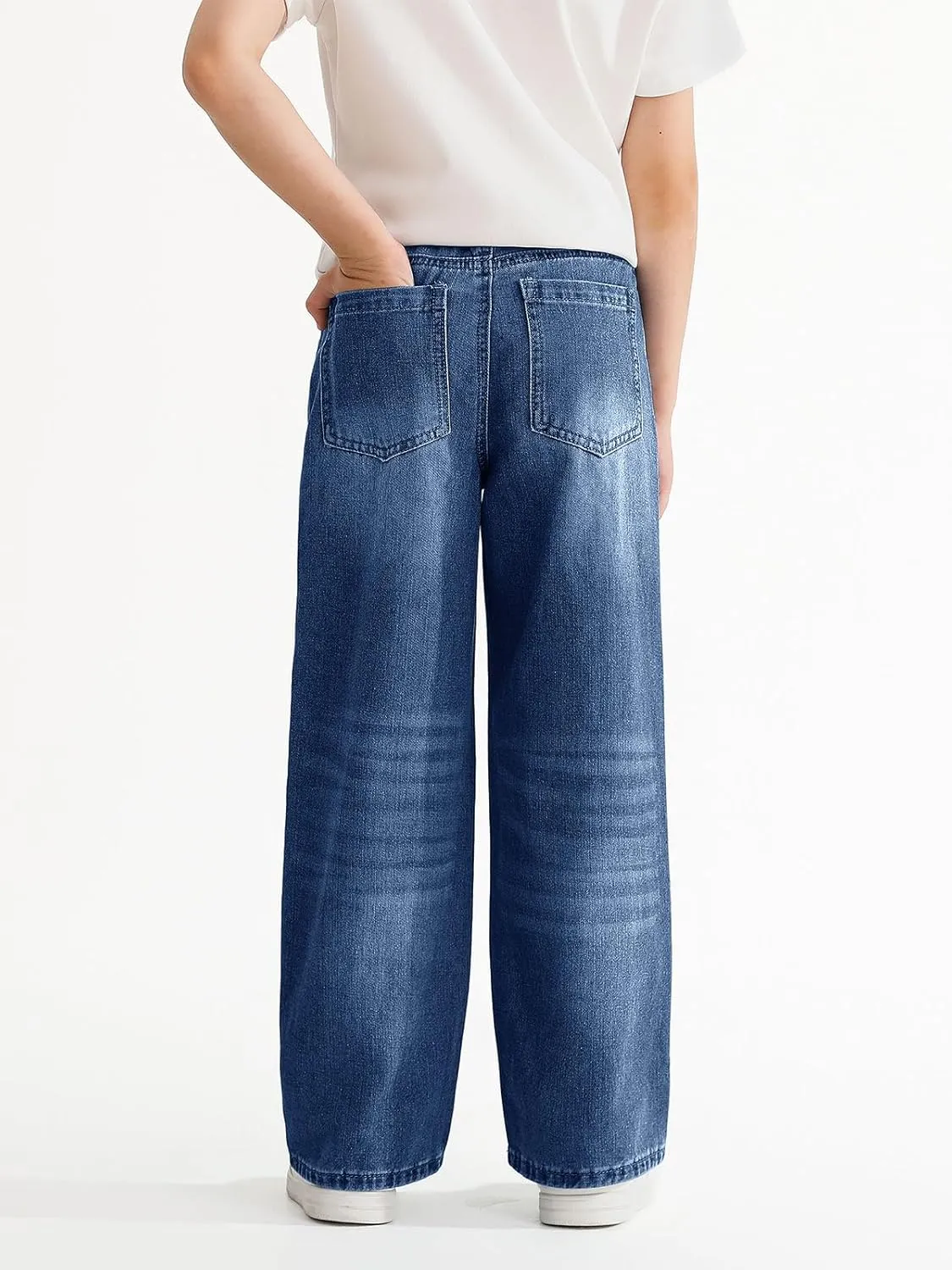 Haloumoning Boys Casual Baggy Denim Pants Kids Elastic Waist Wide Leg Jeans with Pockets 5-14 Years