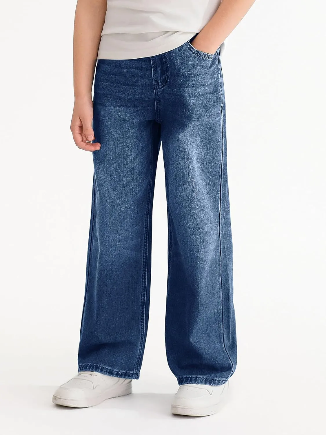 Haloumoning Boys Casual Baggy Denim Pants Kids Elastic Waist Wide Leg Jeans with Pockets 5-14 Years