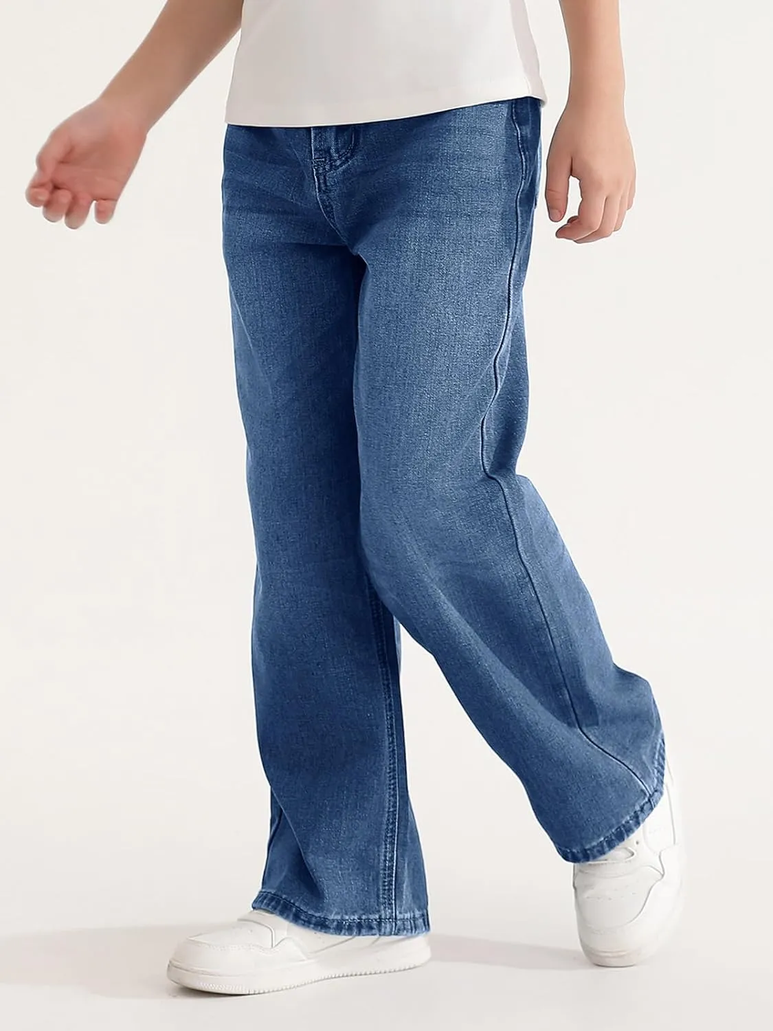 Haloumoning Boys Casual Baggy Denim Pants Kids Elastic Waist Wide Leg Jeans with Pockets 5-14 Years