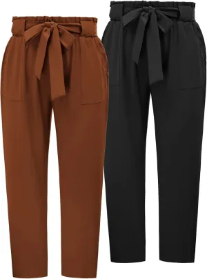 Hanna Nikole Women's Plus Size Elastic Waist Self-Tie Belted Pencil Pants Ankle Length Casual Pants with Pockets