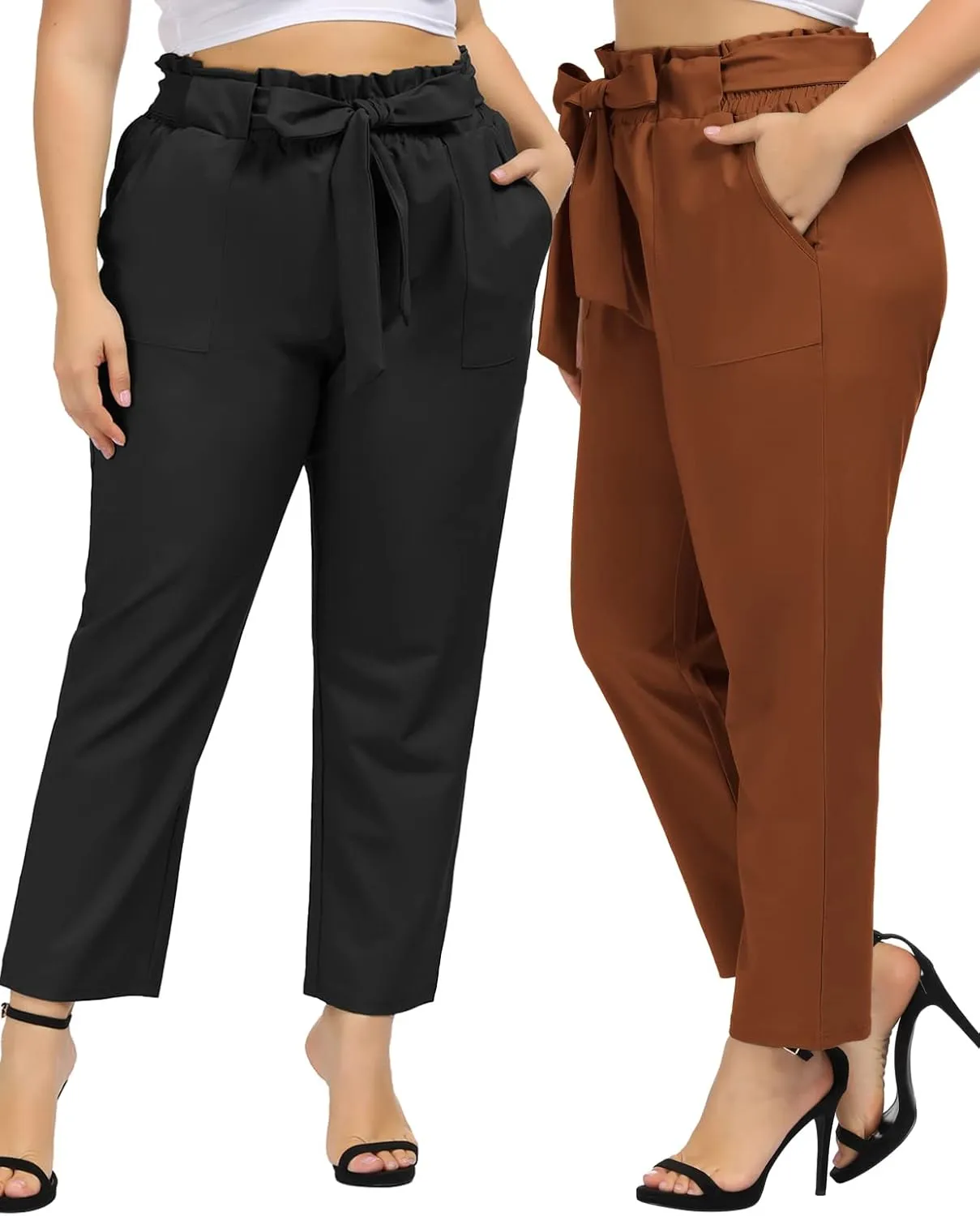 Hanna Nikole Women's Plus Size Elastic Waist Self-Tie Belted Pencil Pants Ankle Length Casual Pants with Pockets