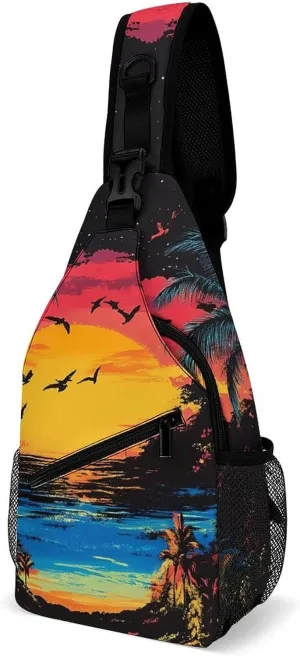 Hawaiian Sunset Palm Trees Casual Sling Bag Backpack Travel Shoulder Chest Crossbody Bags Adjustable Daypack Unisex