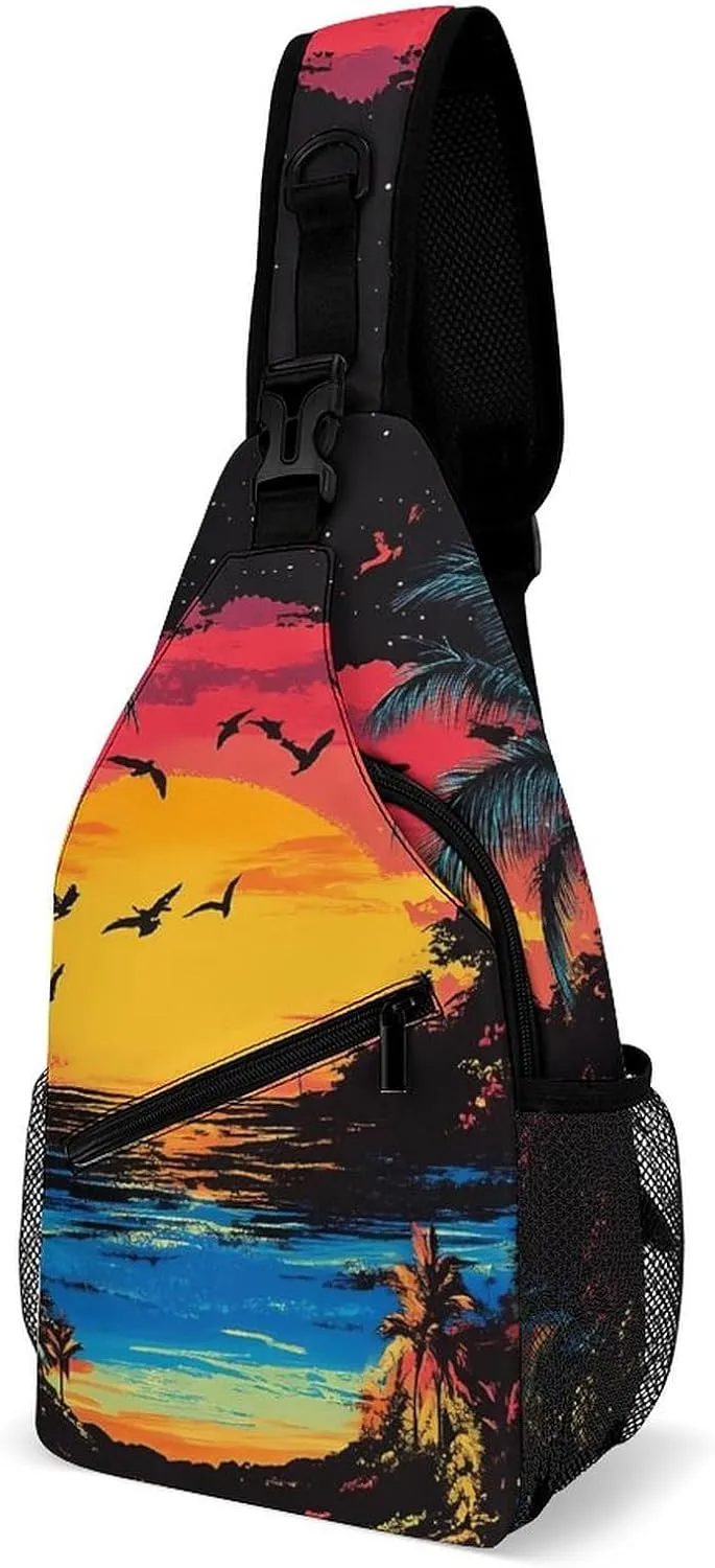 Hawaiian Sunset Palm Trees Casual Sling Bag Backpack Travel Shoulder Chest Crossbody Bags Adjustable Daypack Unisex