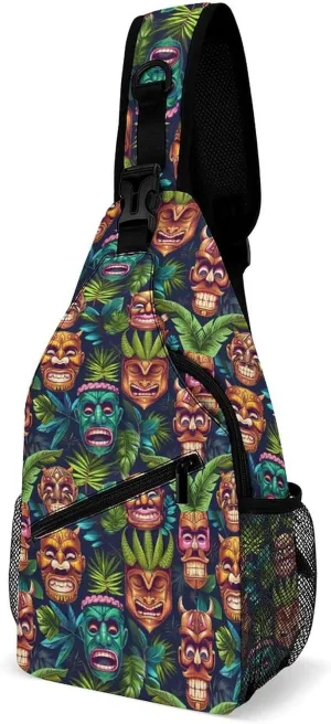 Hawaiian Tiki Masks Tropical Crossbody Sling Bags Shoulder Backpack Chest DayPack Handbag