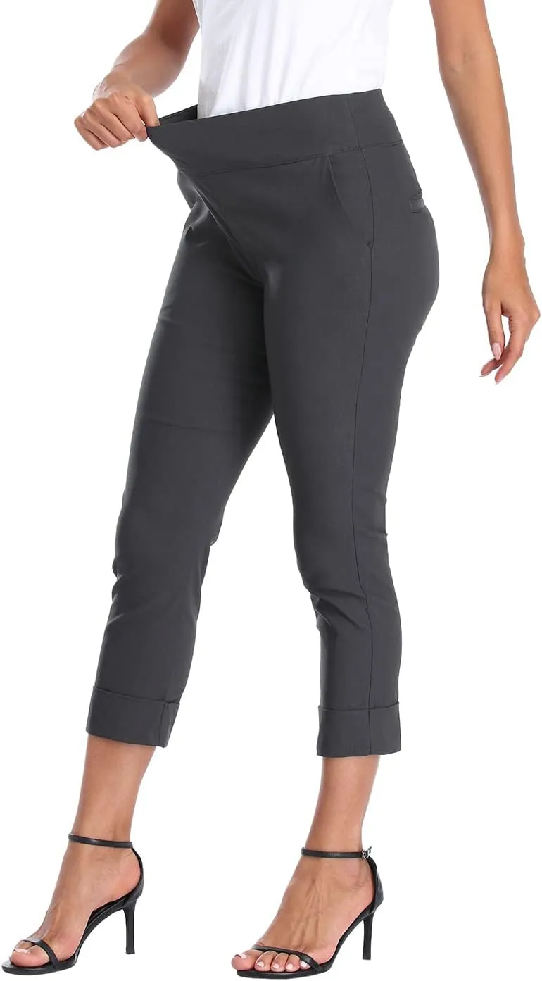 HDE Pull On Capri Pants for Women with Pockets Elastic Waist Cropped Work Pants