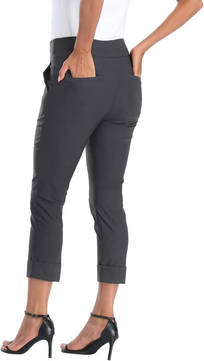 HDE Pull On Capri Pants for Women with Pockets Elastic Waist Cropped Work Pants