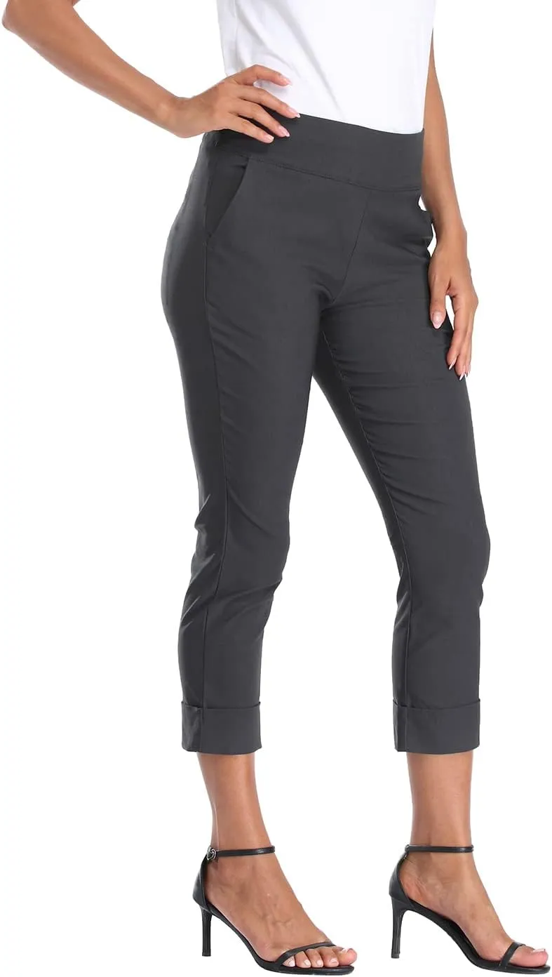 HDE Pull On Capri Pants for Women with Pockets Elastic Waist Cropped Work Pants
