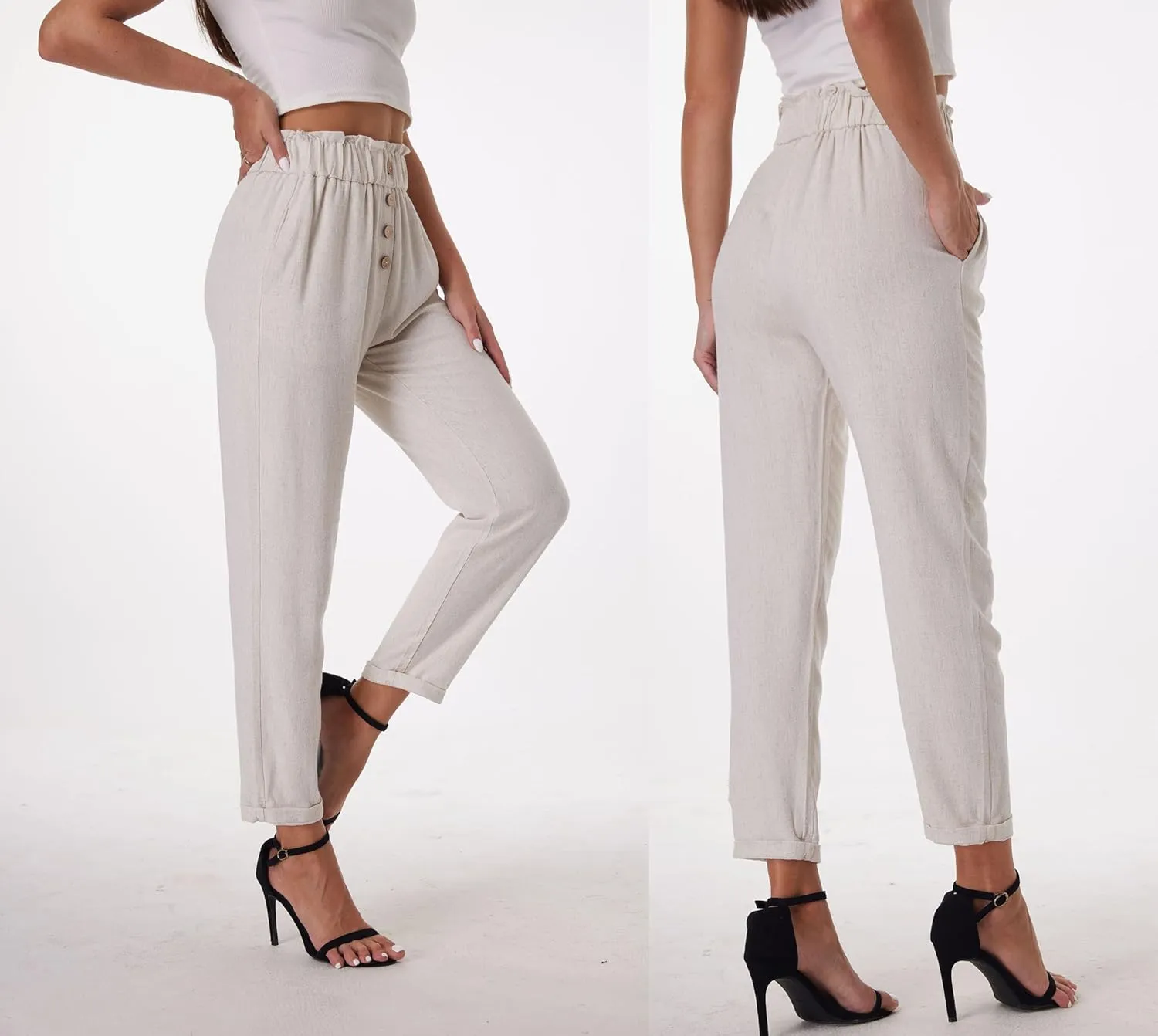 heipeiwa Women's Cotton Linen Casual Cropped Work Pants Summer Paper Bag Dressy Tapered Pants