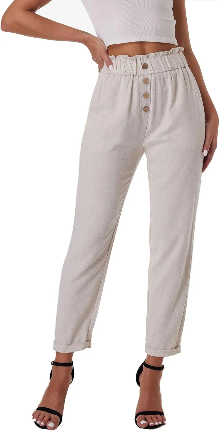 heipeiwa Women's Cotton Linen Casual Cropped Work Pants Summer Paper Bag Dressy Tapered Pants