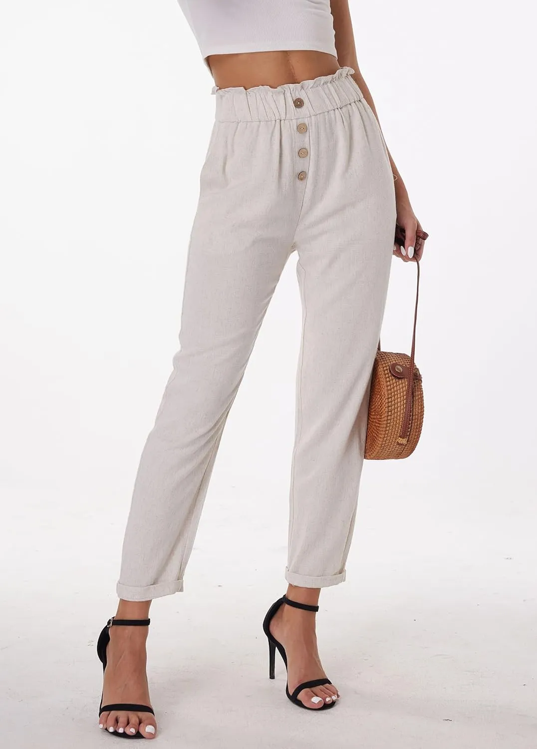 heipeiwa Women's Cotton Linen Casual Cropped Work Pants Summer Paper Bag Dressy Tapered Pants